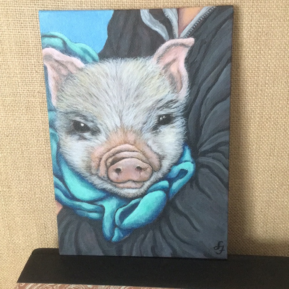 Original 5”x7”acrylic painting of pig in a blanket